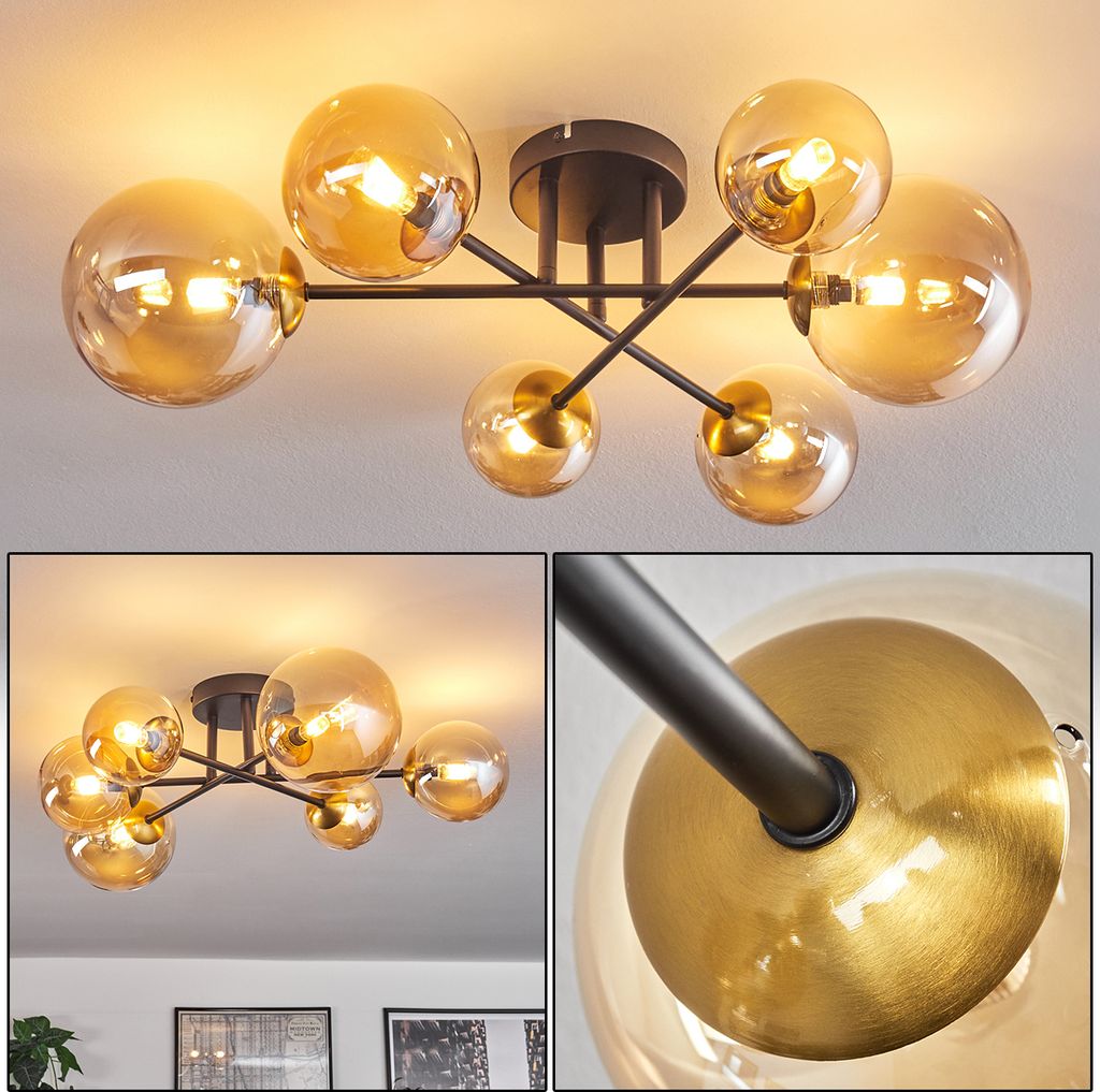 Isorella Deckenlampe aus Metall/Glas in Schwarz/Goldfarben/Bernsteinfarben