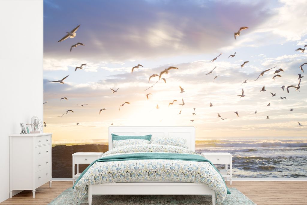 MuchoWow Fototapete für Wohnzimmer oder Schlafzimmer Wandtapete Vinyl Motivtapete Ruhiges Bild von Vögeln bei Sonnenuntergang - 420x280 cm - Zi...