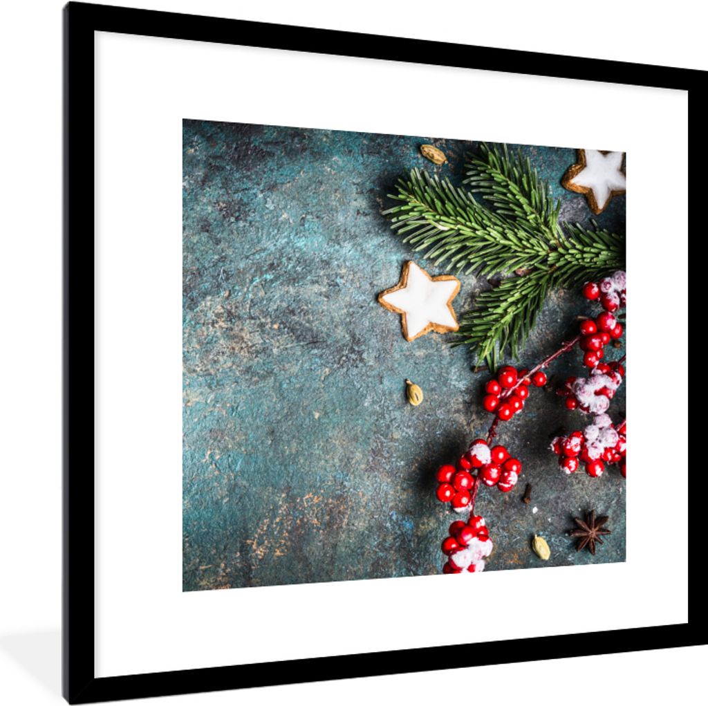 MuchoWow Gerahmtes Poster Weihnachten - Rustikal - Zweige - Sternanis - Beeren - Rot 40x40 cm - Poster mit Schwarzem Bilderrahmen Wandposter Rahm...