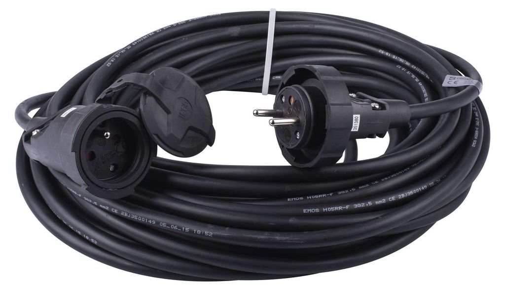 Venkovní prodlužovací kabel 20 m / 1 zásuvka / černý / guma / 230 V / 2,5 mm2