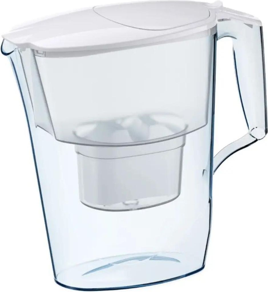 A clear studio shot of a water filter pitcher.