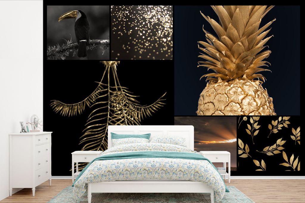 MuchoWow Fototapete für Wohnzimmer oder Schlafzimmer Wandtapete Vinyl Motivtapete Collage - Gold - Früchte - Glitter - 600x400 cm - Vinyltapeten