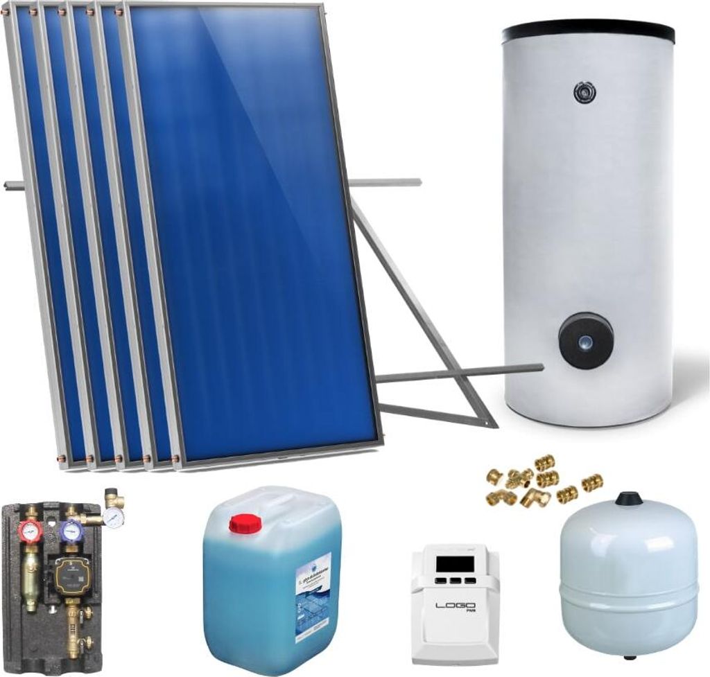 Solaranlage Solarpaket 5 Kollektoren Speicher Flachdach Flachkollektor Speicher