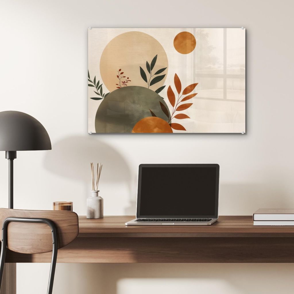 MuchoWow Glasbilder - Bilder auf Wandbild - Foto auf Glas Formen - Rund - Blätter - Beige 60x40 cm Wanddekoration aus Glas - Acrylglasbild - Acryl...