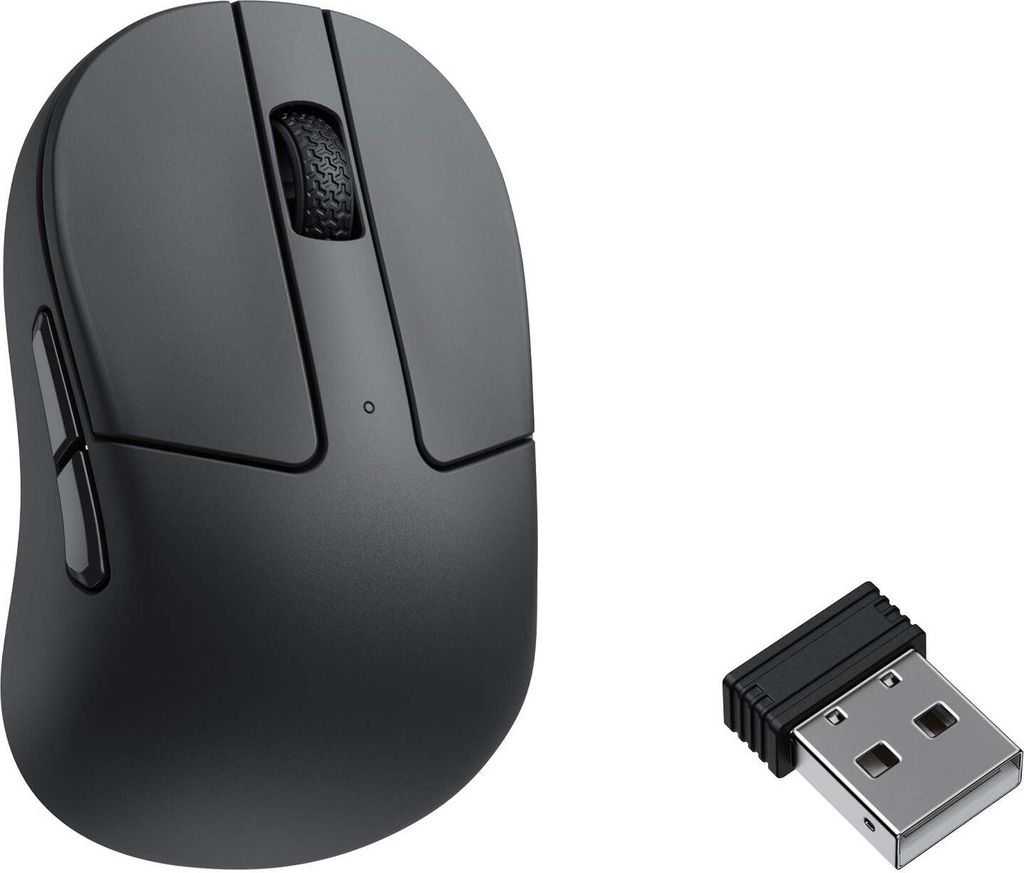 A black wireless computer mouse and its USB receiver are shown against a white background.