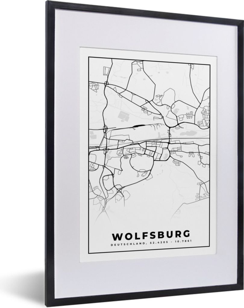 MuchoWow Gerahmtes Poster Wolfsburg - Karte - Stadtplan 30x40 cm - Poster mit Schwarzem Bilderrahmen Wandposter Rahmen Foto Bilder - Wandposter S...