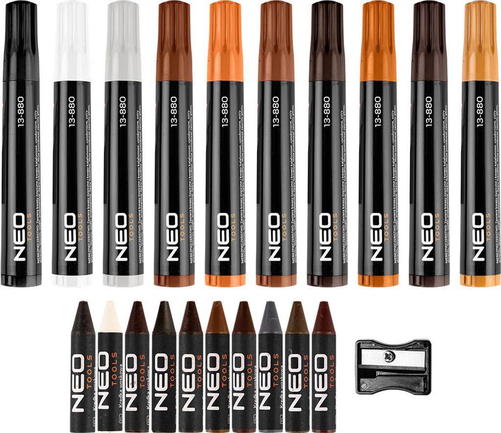 A collection of NEO TOOLS furniture repair markers and wax pencils with a sharpener.