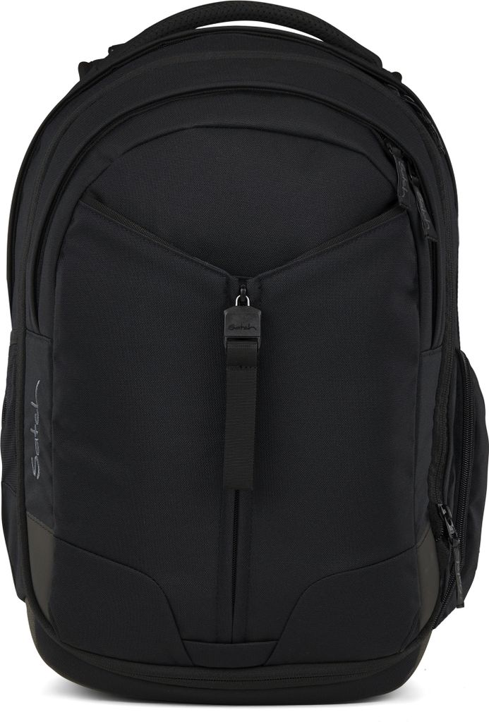 A black backpack is shown from the front against a white background.
