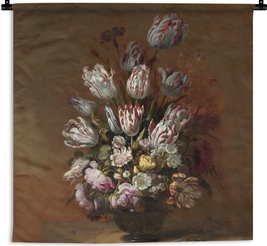MuchoWow Wandteppich Wandbehang Stilleben mit Blumen - Gemälde von Hans Bollongier 120x120 cm Tapisserie Dekoration Wandtuch - Modern - Baumwoll...