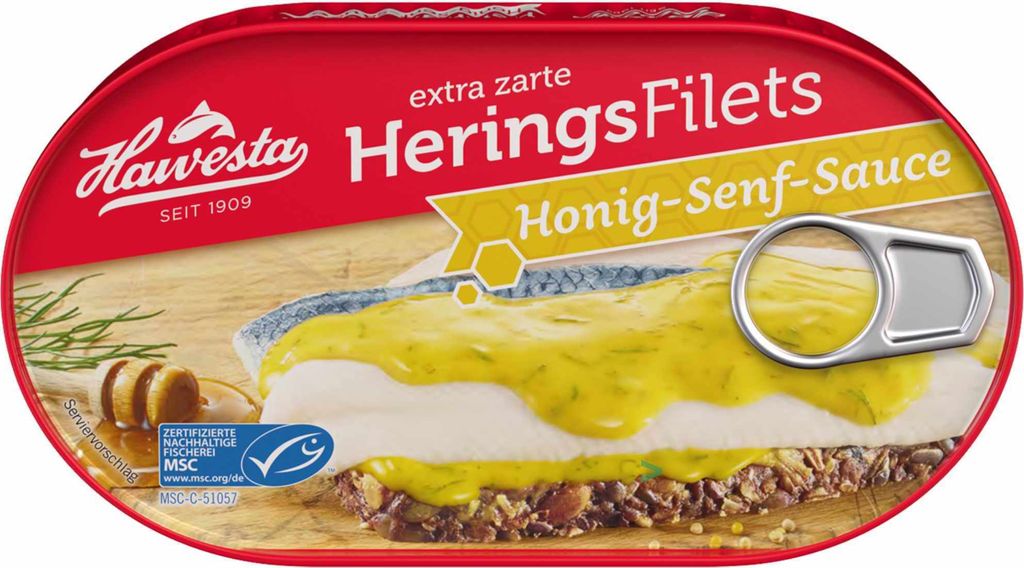 Hawesta Heringsfilets extra zart in Honig-Senf-Creme MSC (1x190g Dose)