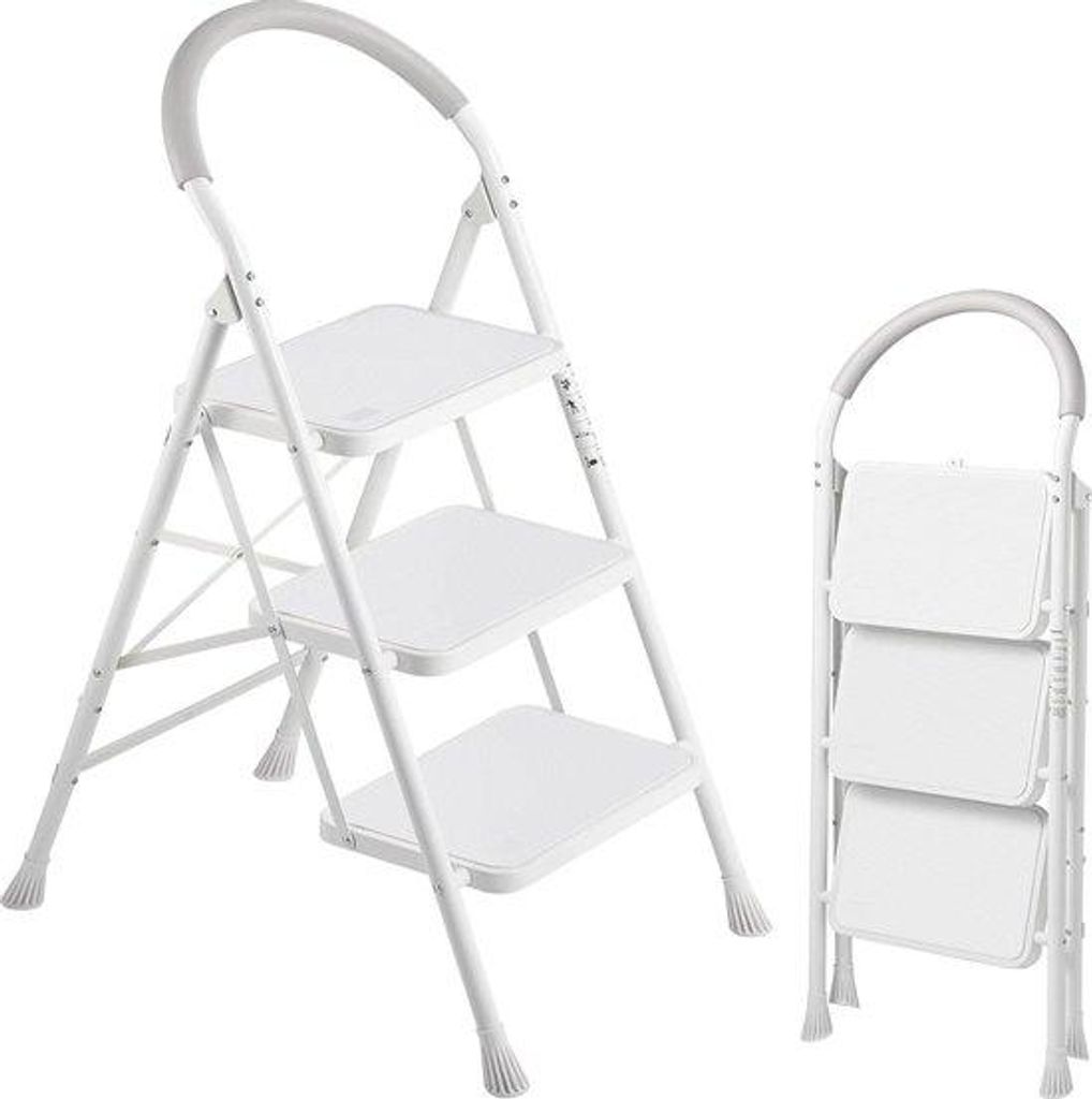 Hausleiter mit 3 Stufen, klappbar, Hausleiter mit Handlauf und breitem Anti-Rutsch-Fuß, tragbare Stahl-Hausleiter, belastbar bis 200 kg, weiß