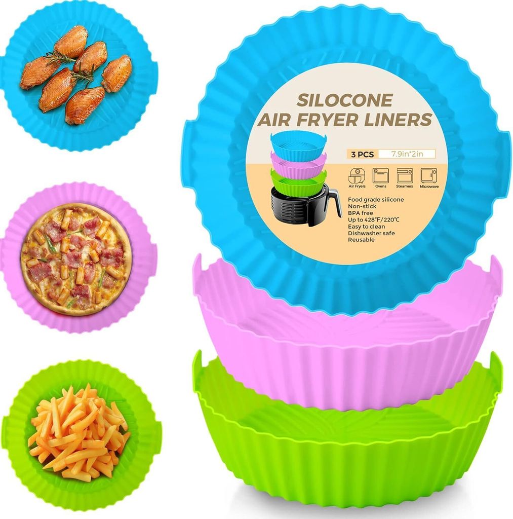 3pcs Silikonform für Heißluftfritteuse,Air Fryer Silikon Pot Liners Wiederverwendbar anstelle Airfryer Backpapier Pergamentpapier