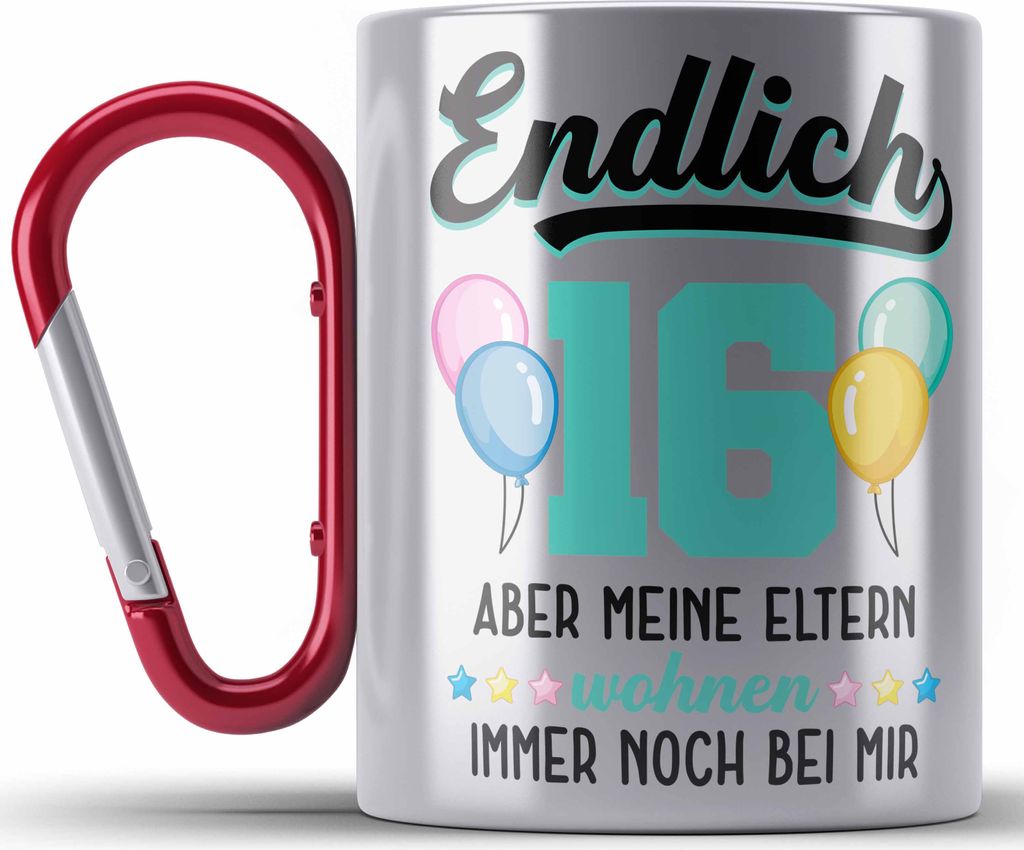 Trendation - 16. Geburtstag Edelstahl Tasse Karabiner Geschenk Mädchen Jungen Geschenkidee Lustig Spruch 16 Geschenke Geschenkideen zum 16 Bday 16...
