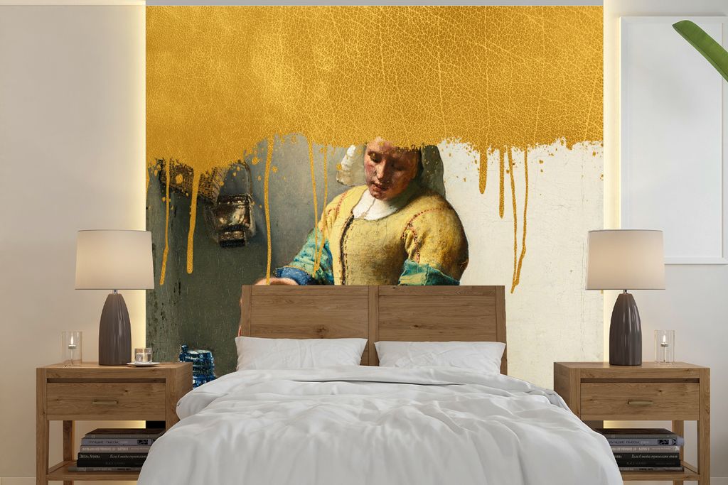 MuchoWow Fototapete für Wohnzimmer oder Schlafzimmer Wandtapete Vinyl Motivtapete Milchmädchen - Gold - Vermeer - 300x300 cm - Wanddekoration