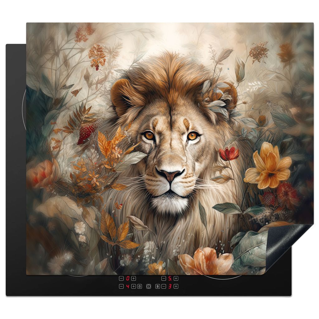 KitchenYeah Herdabdeckplatte Löwe - Wildtiere - Pflanzen - Natur - Blumen , 58x51cm, Küche Deko, Glaskeramikkochfeld Herdabdeckung, Abdeckplatt...