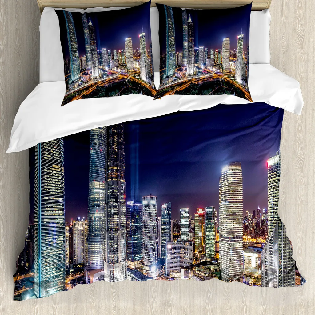 ABAKUHAUS Copripiumino urbano, skyline della città moderna, antiacaro, adatto a chi soffre di allergie, con federe, 200 cm x 200 cm - 80 x 80 cm, multicolore