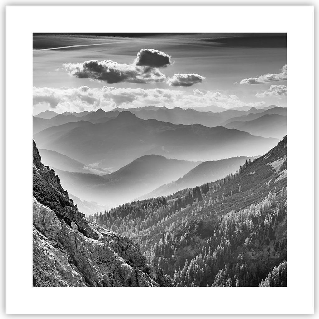 Poster - Poster ohne Rahmen - Schwarzweiß Landschaft Berge - 40x40 cm - Wand Bild - Wanddeko - Wandbilder - Kunstposter - Wandposter - Bilder - Ku...