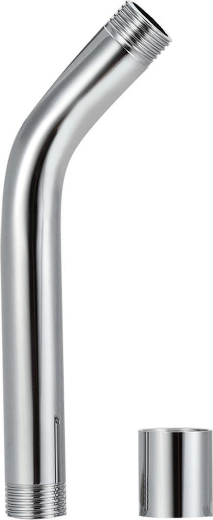 A chrome-plated shower arm extension pipe and a cap are shown against a white background.