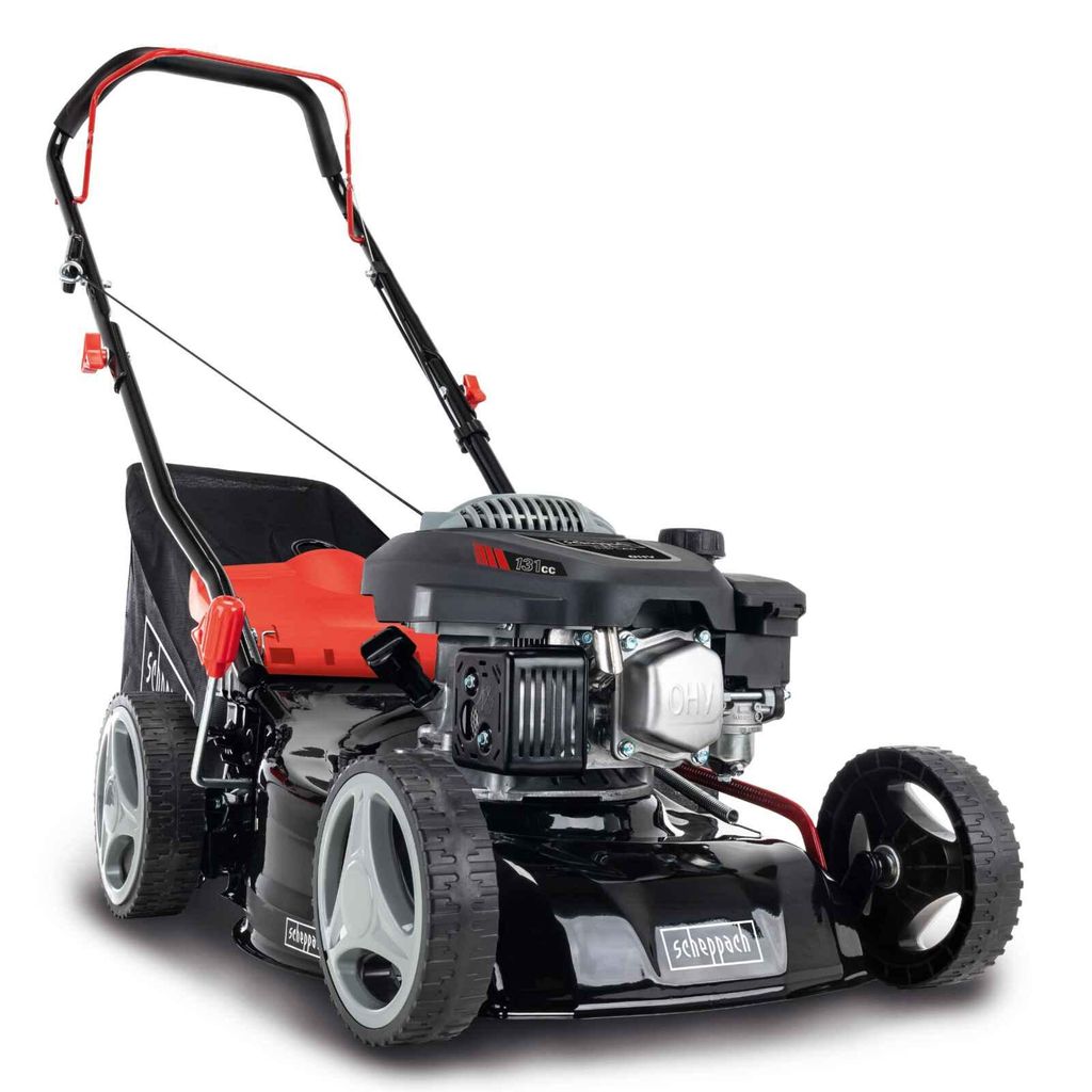 A black gasoline lawnmower with red accents is shown against a white background.