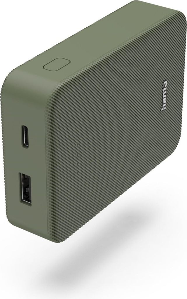 A green power bank is shown against a white background.