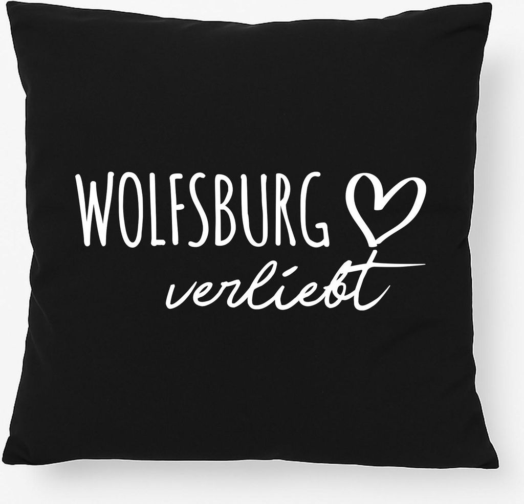 Huuraa Kissen Wolfsburg verliebt 40x40cm mit Füllung Black Baumwolle Dekokissen Geschenkidee