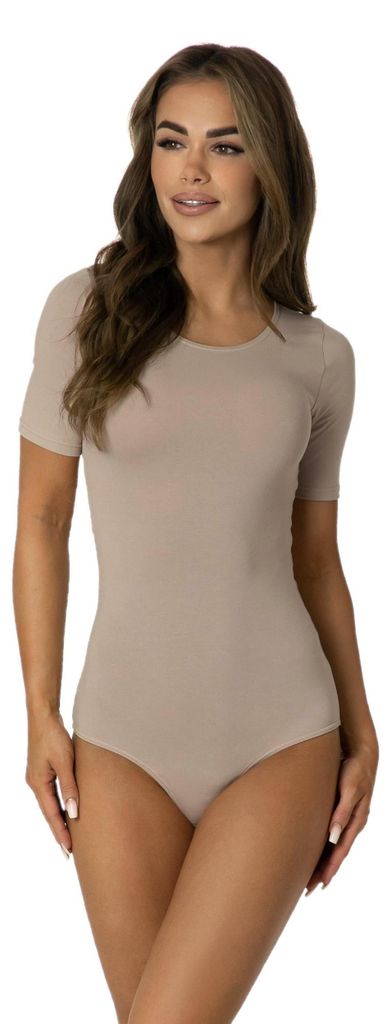 Alkato Damen Kurzarm Body Baumwolle Bodysuit mit Rundhalsausschnitt blickdicht, Farbe: Beige Latte, Größe: XL (Long 170-176 cm)
