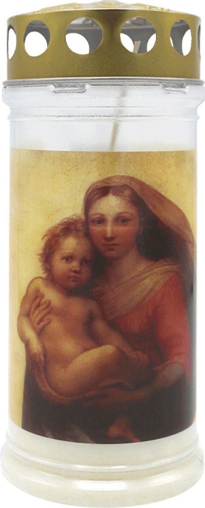 MEMORIAM-Motivkerze „Madonna", Nr. 412, AETERNA, mit Golddeckel, 75/170 mm, 30% Ölgehalt, Brenndauer 4 Tage, Lieferumfang 3 Stück