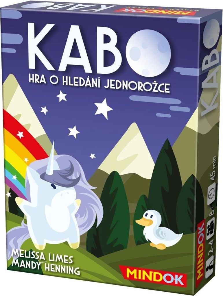 The image shows the front of a board game box with a colorful illustration of a unicorn, a duck, mountains, a rainbow, and a moonlit sky.