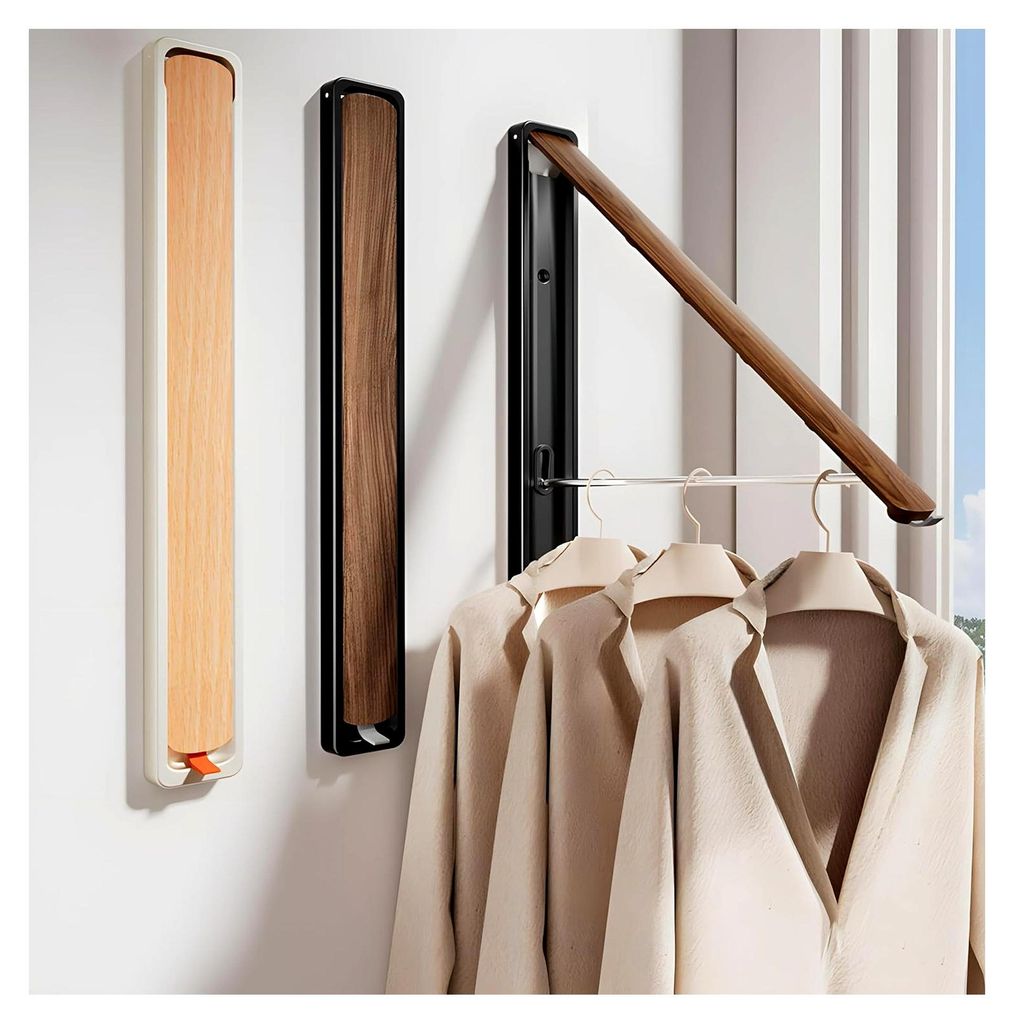 Klappbare Kleiderstange zur Wandmontage aus Aluminium – Ausziehbare Garderobe mit Kleiderhaken, platzsparend, modernes Design in Walnuss- oder Bu...