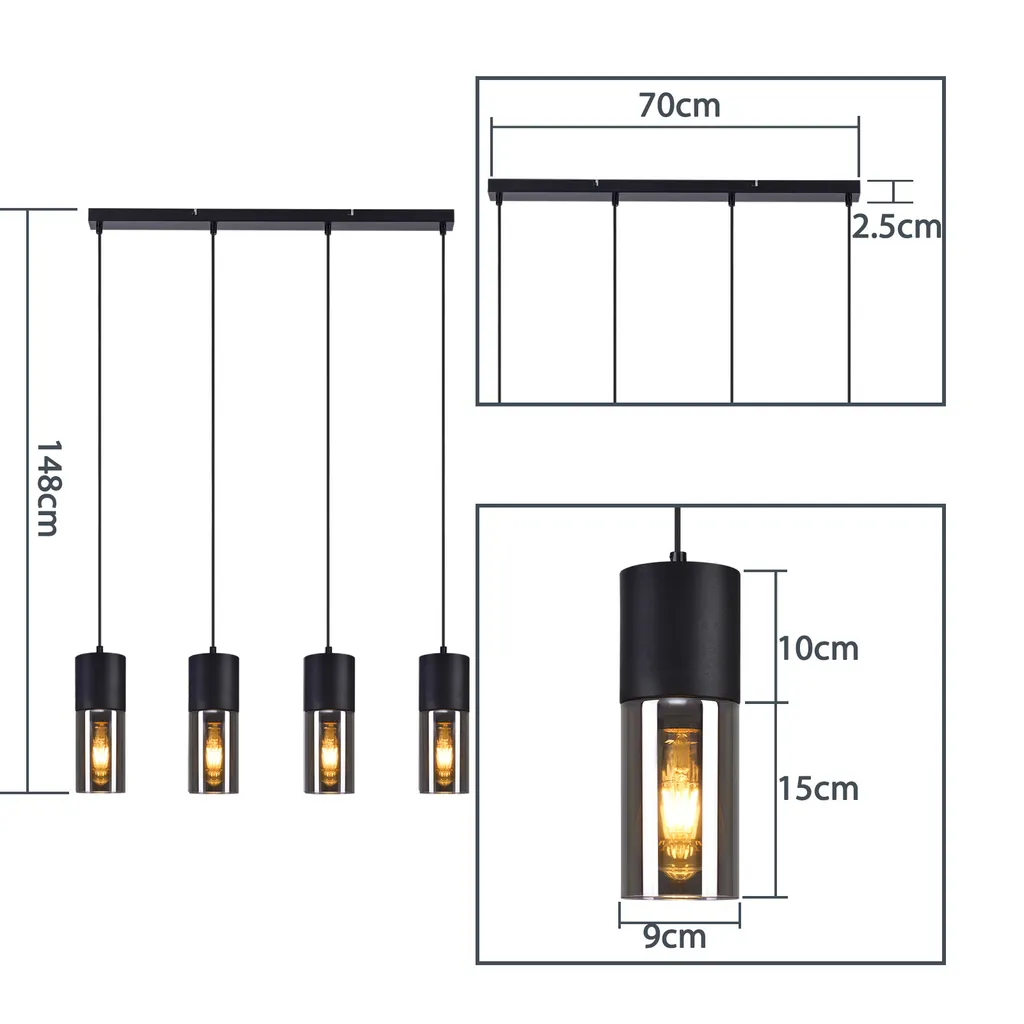 Éclairage Table à Manger Moderne Suspension 4 Lampes E27 Noire Ajustable - 2