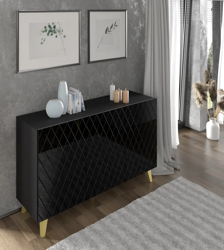 Commode DIUNA 3D 145 cm Noir Mat et Brillant - Buffet Design Moderne