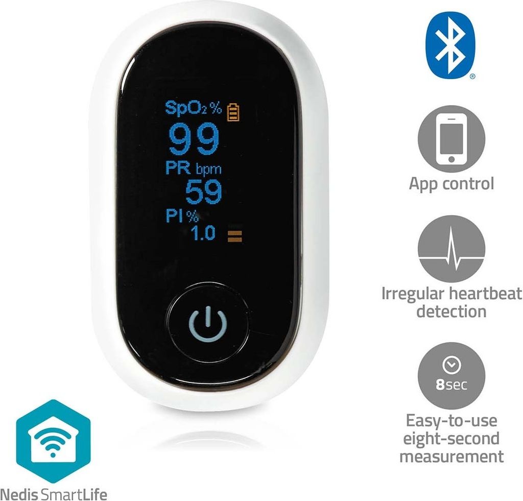 SmartLife-Sauerstoffmessgerät | Bluetooth | OLED-Display | Akustischer Alarm / Perfusionsindex / Pulsfrequenz / Hochpräzisionssensor / Bewegungsi...