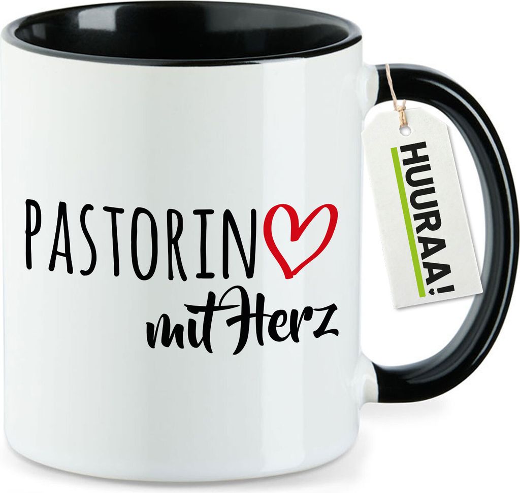 Huuraa Kaffeetasse Pastorin mit Herz 330ml Schwarz Keramik Kaffeebecher Geschenkidee