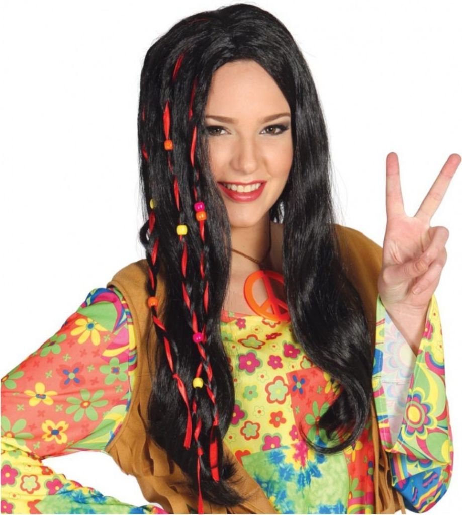 Hippie Perücke 55 cm Langhaar schwarz Zöpfe mit roten Bändern & Perlen für Damen Kostüm-Zubehör SALE Fasching Karneval  70er Jahre Mottoparty Schlagermove