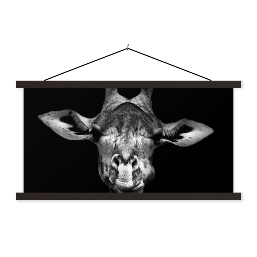 MuchoWow Textilposter Giraffe - Porträt - Tiere - Schwarz - Weiß 150x75 cm mit schwarzem Rahmen - Posterleiste