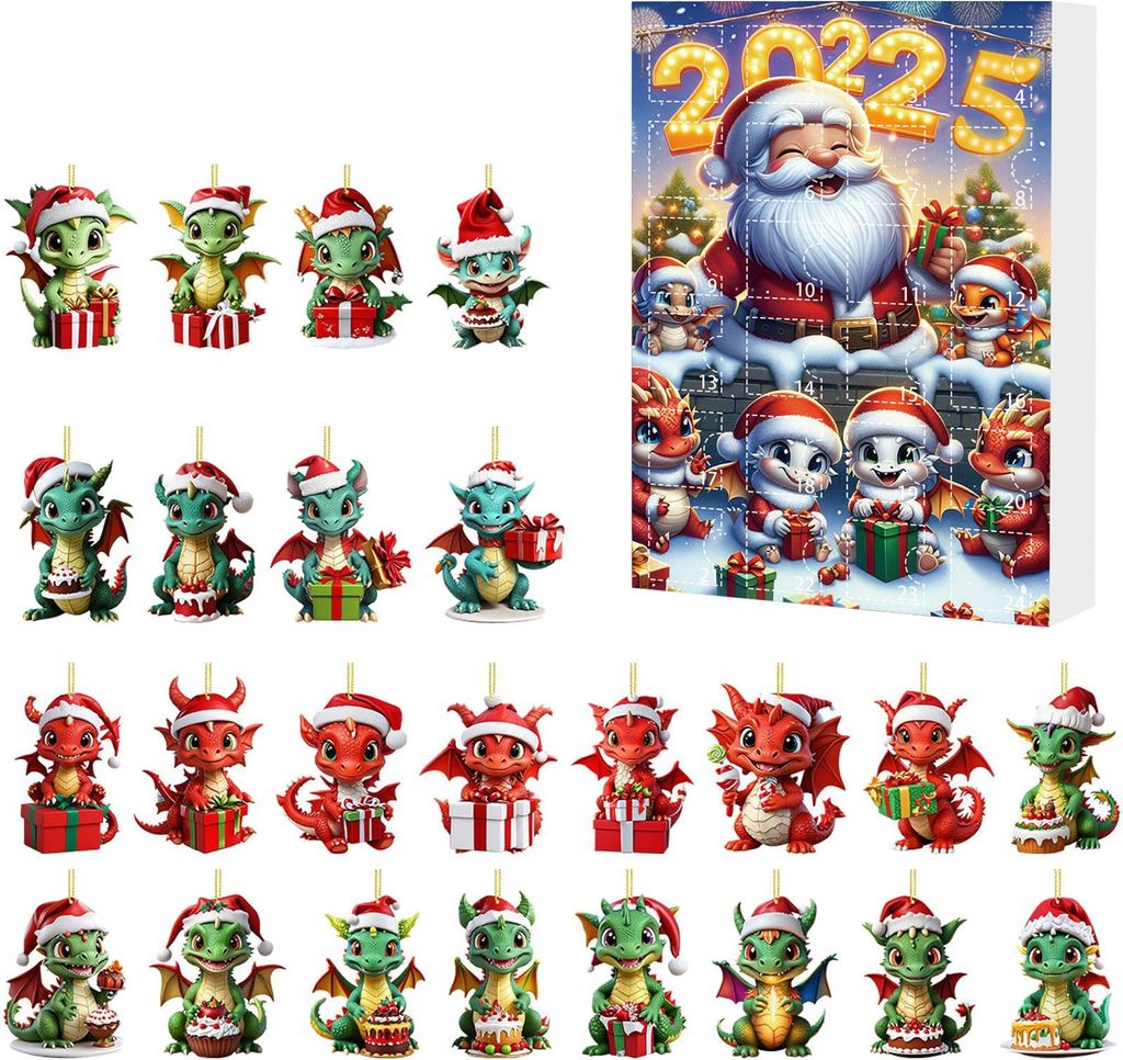 Weihnachts-Drachen-Adventskalender 2025, 24-teilig, Acryl-Drachen-Anhänger, Countdown-Kalender, Urlaubsgeschenke für Kinder und Erwachsene