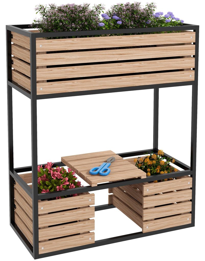 Planzkasten Blumentreppe Hochbeet. weterbest?ndig. 3 Pflanzk?sten. 83 cm x 39 cm x 100 cm. Natur + Schwarz
