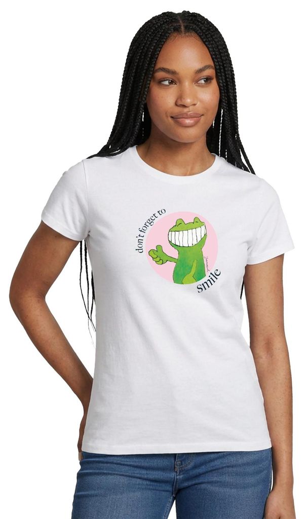 Spreadshirt Janosch Günter Kastenfrosch Don't Forget To Smile Frauen T-Shirt, L, Weiß
