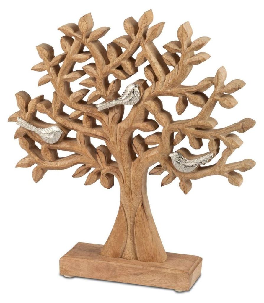 Dekoobjekt Lebensbaum mit Vögelchen H. 28cm aus Alu + Mango Holz Formano