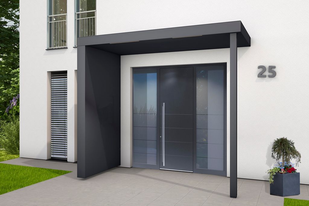 Gutta Rechteckvordach BS Plus XL 250 Sonderfarbe und Seitenteil mit Pfosten (neues Modell) Seitenteil links, inkl. Bewegungsmelder