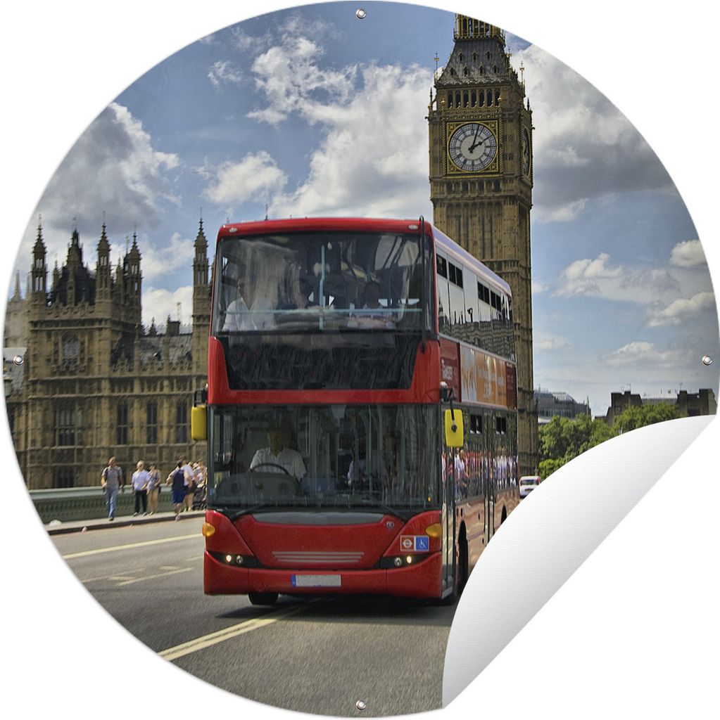 MuchoWow Gartenposter Outdoor-Poster Rund Ein roter Bus mitten in London Ø 120 cm Gartendeko Rundes Poster draußen