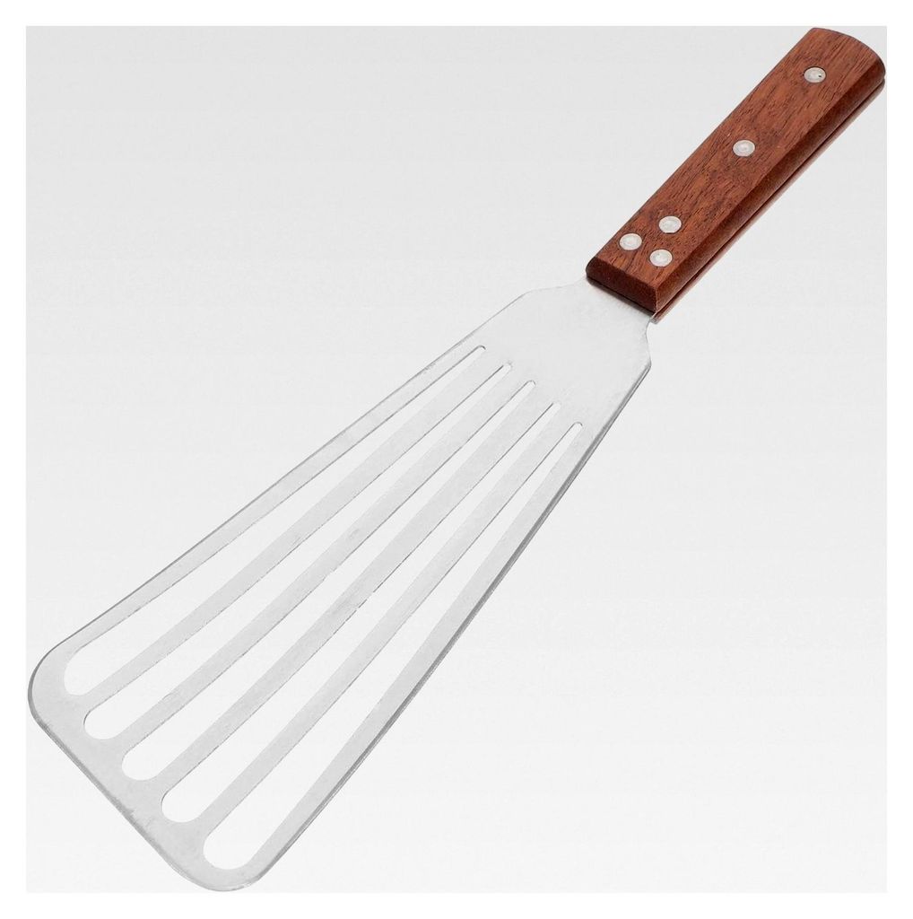 Edelstahl Fischwender mit Holzgriff - Breiter und robuster Schlitzspatel für Grillen, Braten und Pfannkuchenwenden in der Outdoor Küche