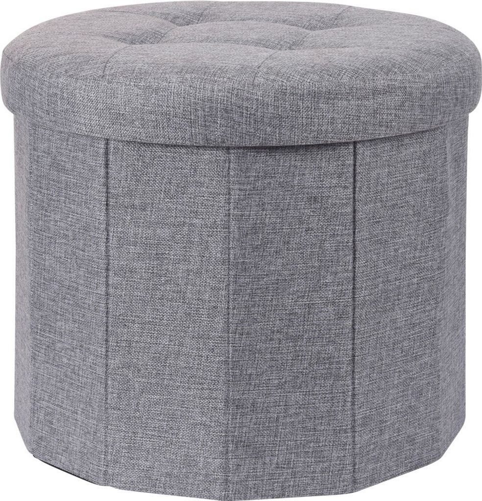 A gray fabric storage ottoman is shown against a white background.