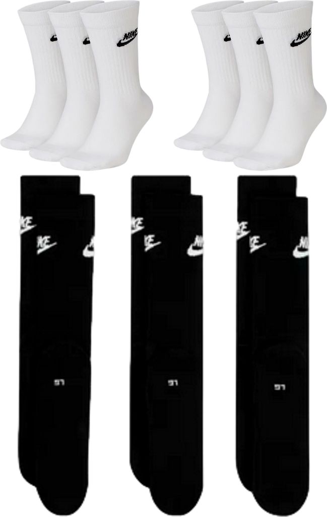 6 Paar NIKE DX5025 Essential CREW Socken Damen, Herren, Unisex Sportsocken - Farbe: weiß schwarz - Größe: 46-50