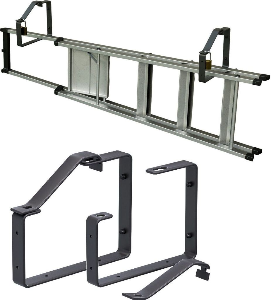 A ladder and its mounting brackets are displayed against a white background.