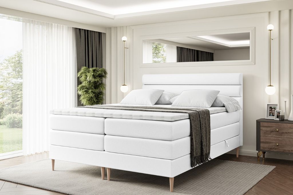 ALTDECOR Boxspringbett mit Holz Füßen, Matratze und Lattenrost, Topper, Polsterbett mit Bettkasten, Bett mit Stauraum H3- und H4- Matratze, Doppe...