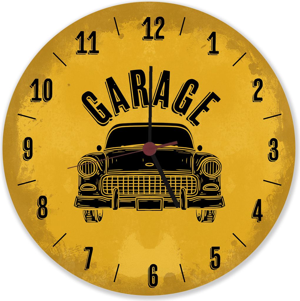 Garage Auto Wanduhr aus Alu in gelb