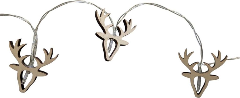 LED-Kette Rentier Holz 10er warmweiß, 6/18 h Timer, innen, Batterien 2 x AA