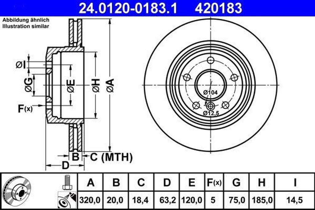 ATE 24.0120-0183.1 Bremsscheibe OE 34216753215 kompatibel mit 5er E60, 5er E61, 6er E63, 6er E64