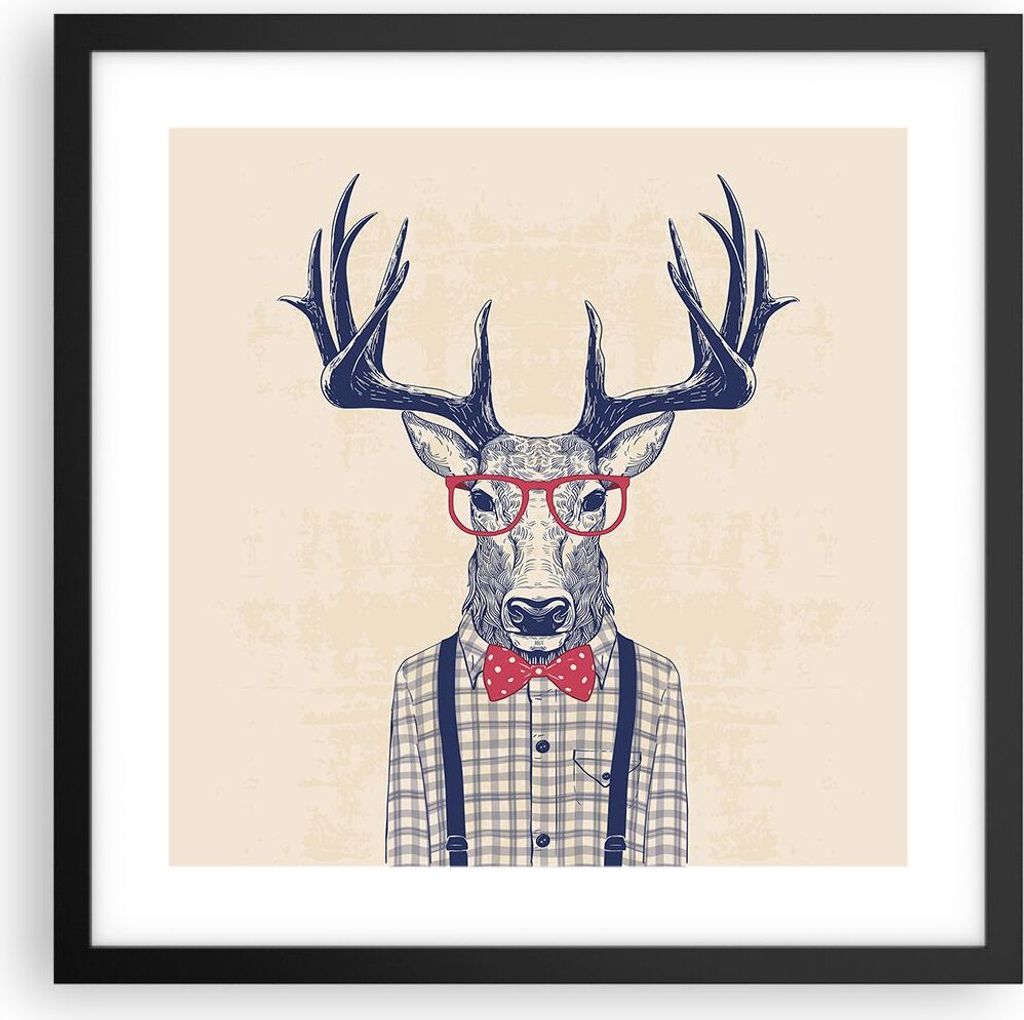 Gerahmtes Poster - Schwarzer Rahmen - Charakter Hirsch Illustration hipster - 40x40 cm - Wand Bild - Wanddeko - Wandbilder - Wandposter - Bilderrah...